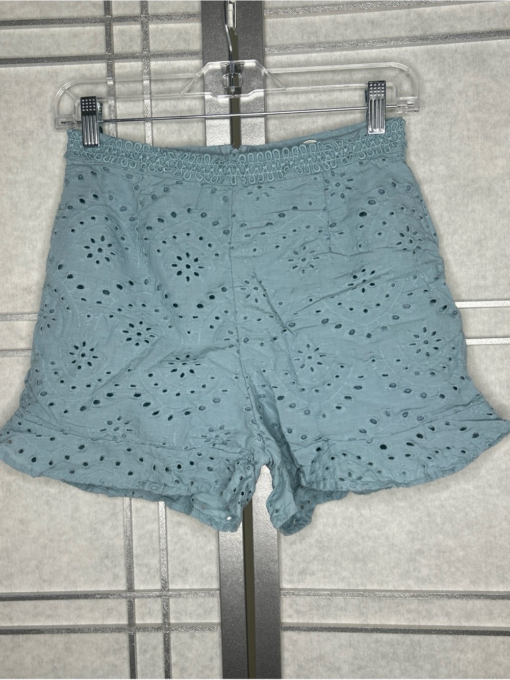 june & hudson Dusty Blue Eyelet High-Waist Shorts